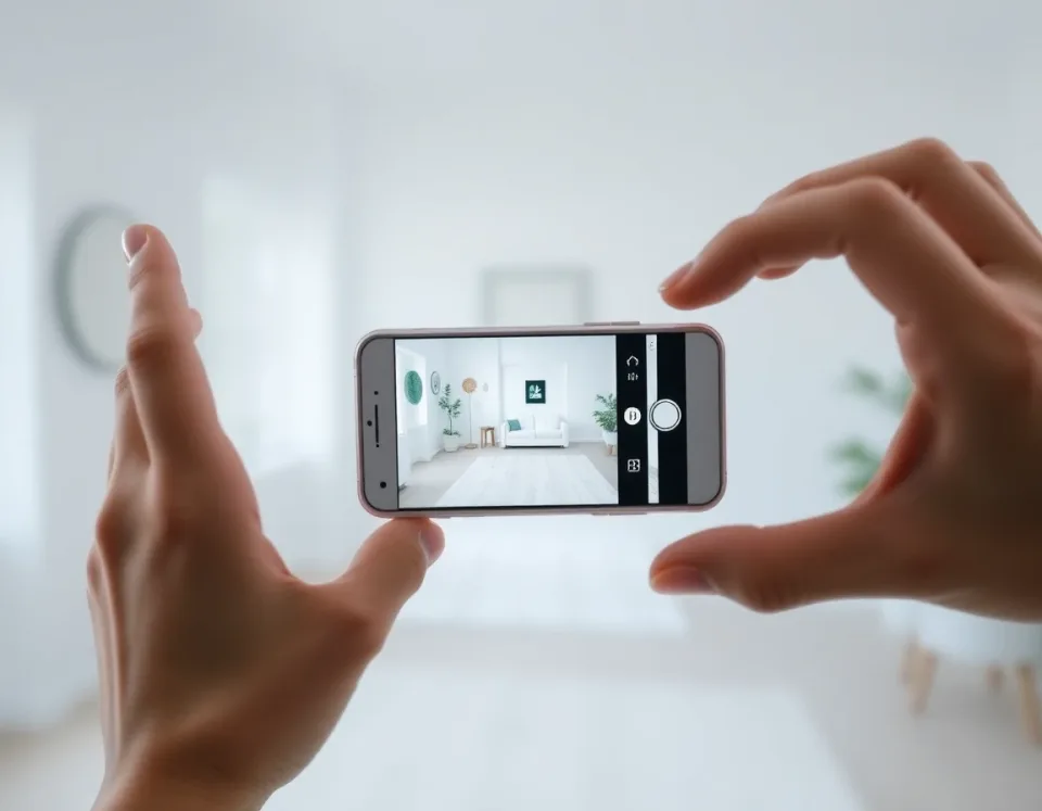 Woman taking a photo of her room with the DecorAI AI interior design app